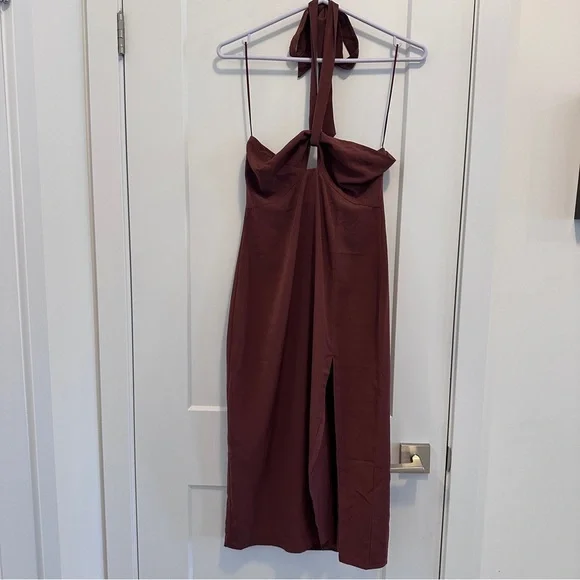 Abercrombie & Fitch Brown Knot Front Cutout Halter Midi Dress Size Small Petites - Picture 2 of 12